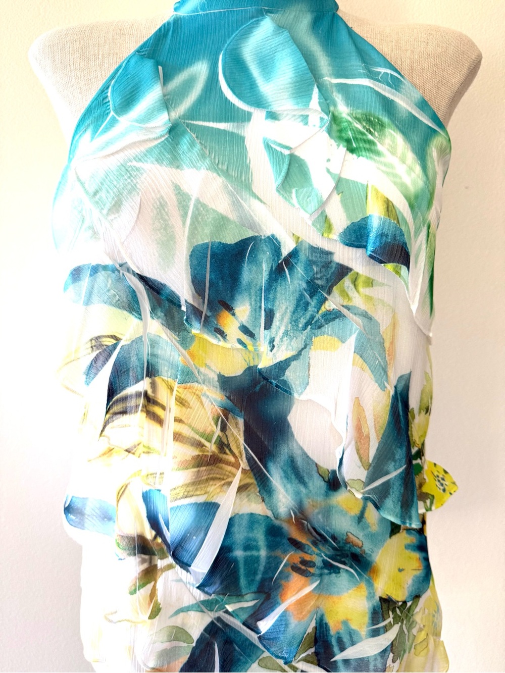 IZ Byer Y2K Tropical Lily Halter Top Blouse Teal Blue Yellow Mock Neck Size S - Picture 9 of 12